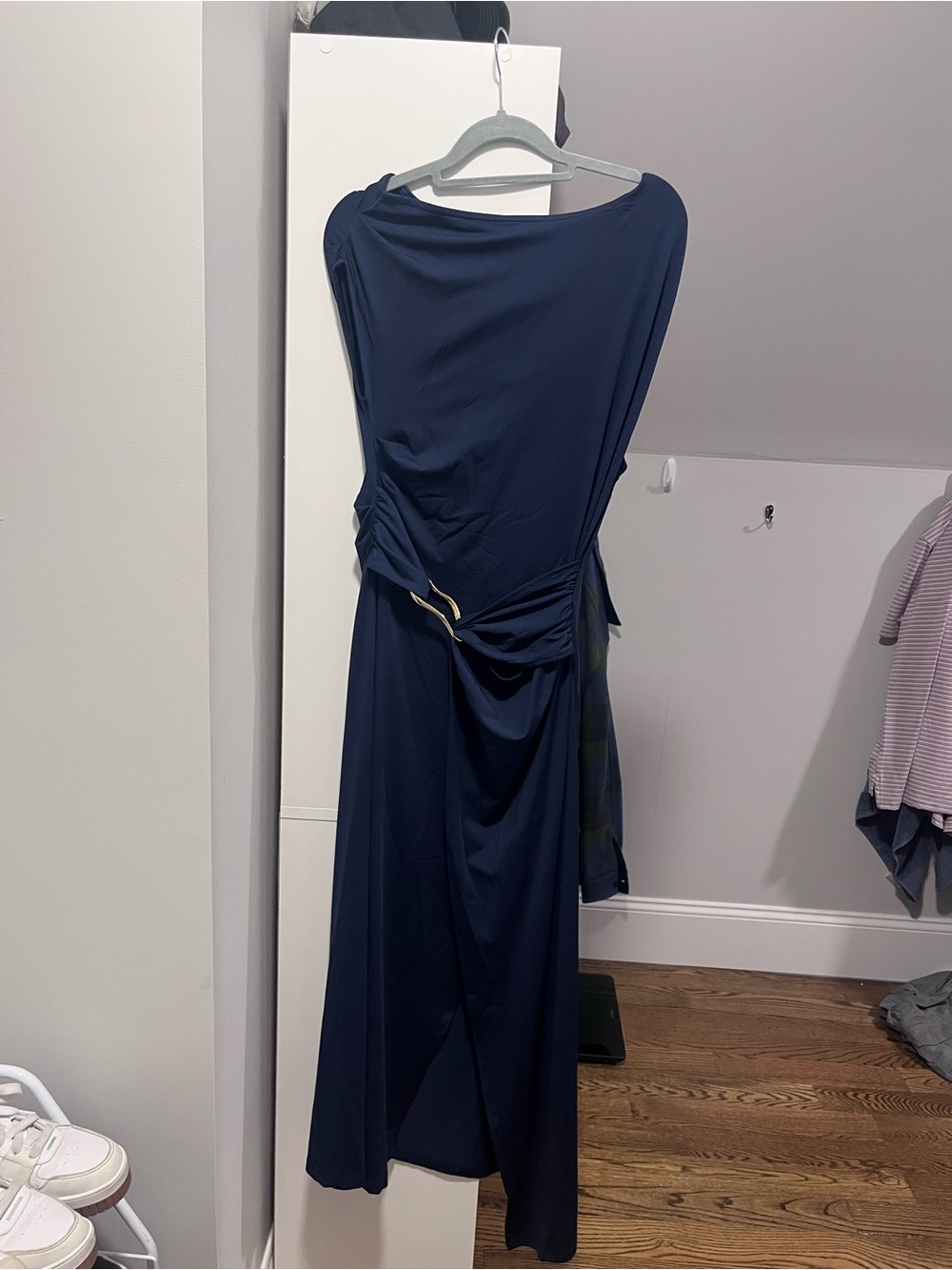 Commense Navy Blue Draped Maxi Dress with Side Gather